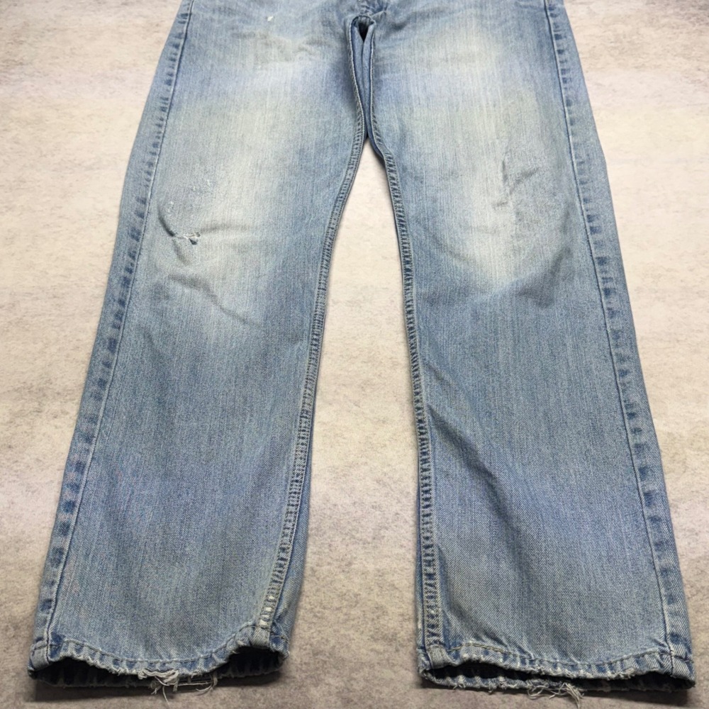 Levis 505 Regular Fit Mens 34x32 Light Wash Distressed Straight Leg Denim Jeans - Picture 12 of 14